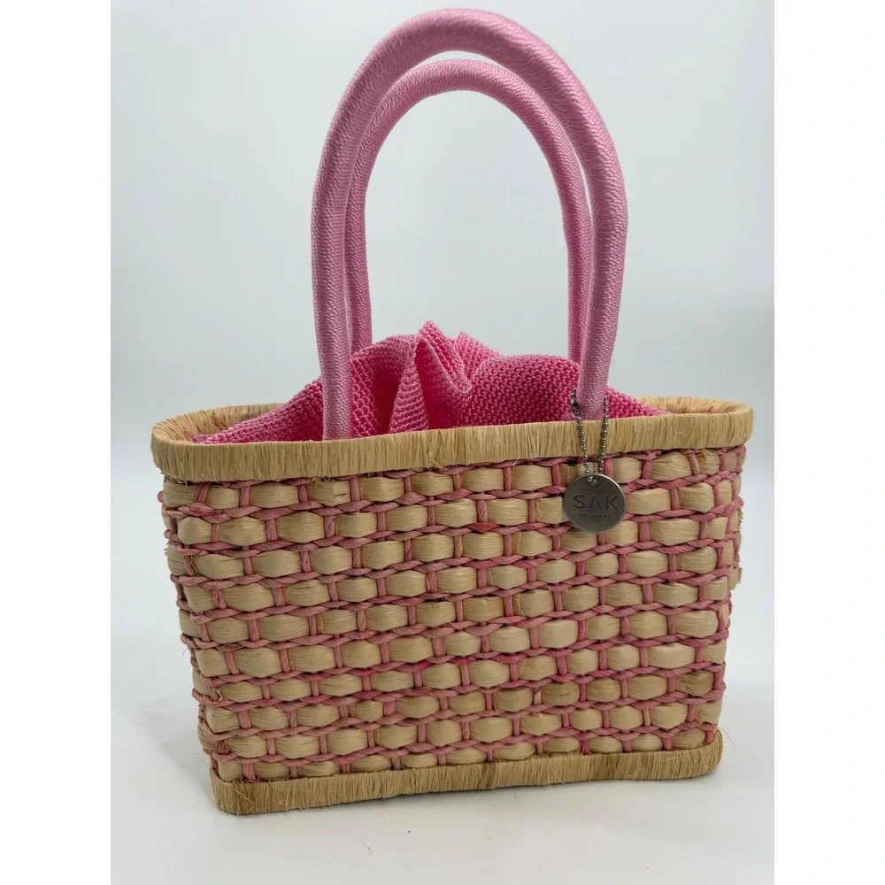 The Sak Original Pink Woven Straw Mini Tote Bag Crochet Drawstring Handbag